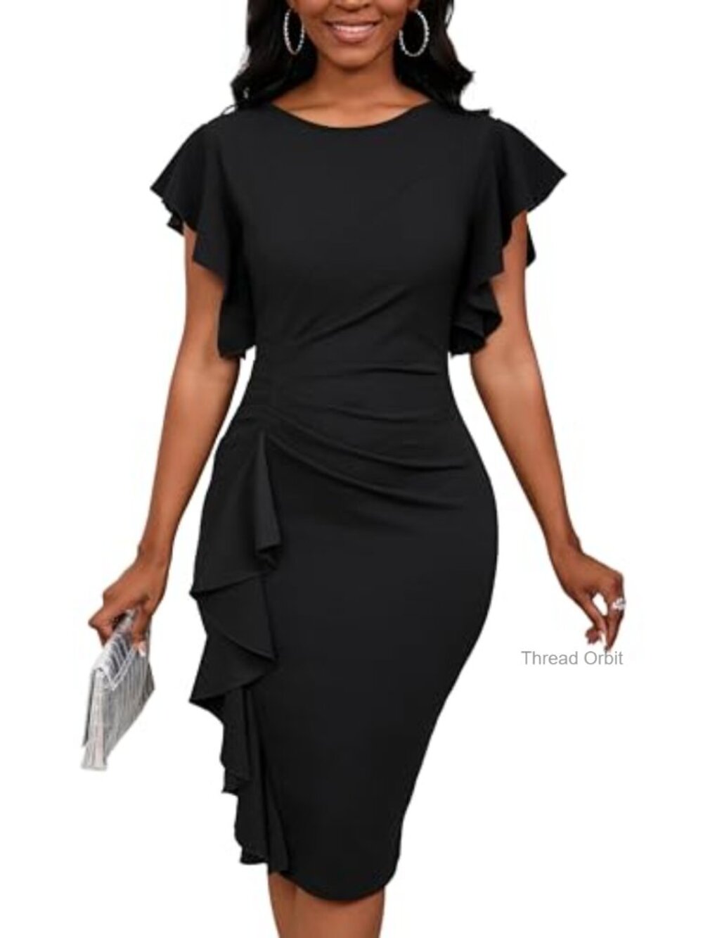 Womens Ruffle Sleeve Church Dress 50S Vintage Crew Neck Bodycon Work Pencil